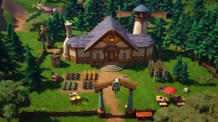 Player homestead with fenced crop plots and dirt paths