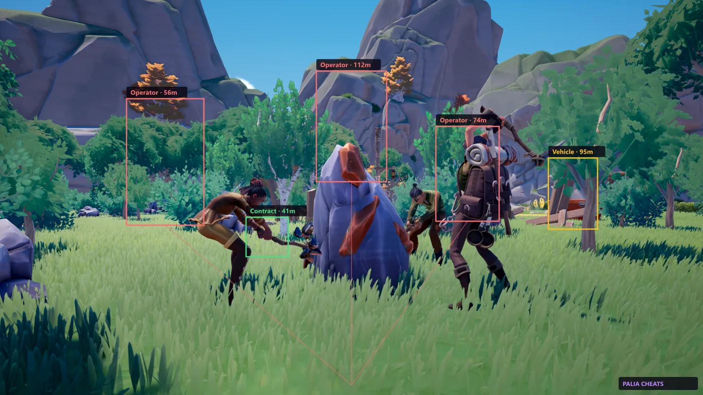 Player name tags and distance labels above nearby characters